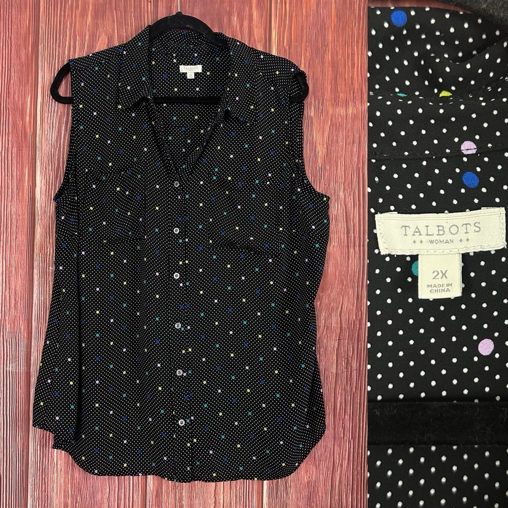 Talbots Polka Dot Tank Top Black Button Front Collared Plus Size 2X